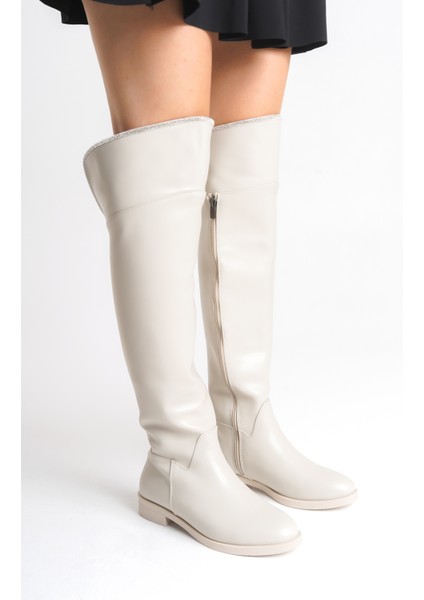 Bej Rengi Deri Binici Diz Üstü Kısa Topuklu Kaymaz Taban Fermuarlı Bihter Kadın Çizme