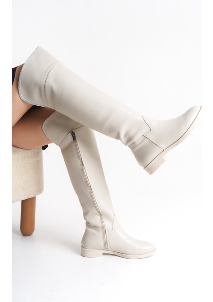 Bej Rengi Deri Binici Diz Üstü Kısa Topuklu Kaymaz Taban Fermuarlı Bihter Kadın Çizme fiyatları