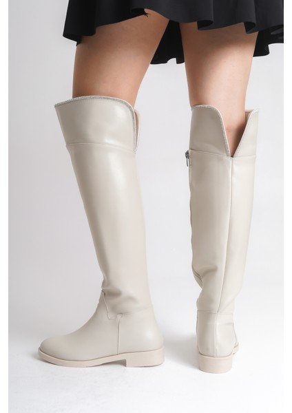 Bej Rengi Deri Binici Diz Üstü Kısa Topuklu Kaymaz Taban Fermuarlı Bihter Kadın Çizme fırsatları