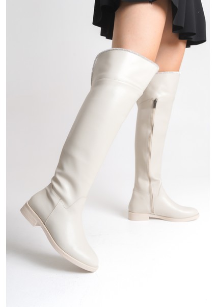 Bej Rengi Deri Binici Diz Üstü Kısa Topuklu Kaymaz Taban Fermuarlı Bihter Kadın Çizme