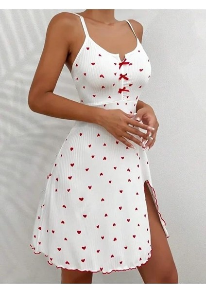 Xmpdby Kadın Beyaz Kırmızı Kalp Desenli Askılı Elbise 5066