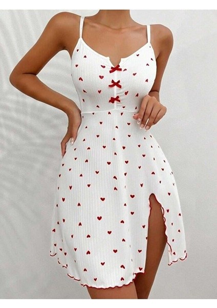 Xmpdby Kadın Beyaz Kırmızı Kalp Desenli Askılı Elbise 5066 modelleri