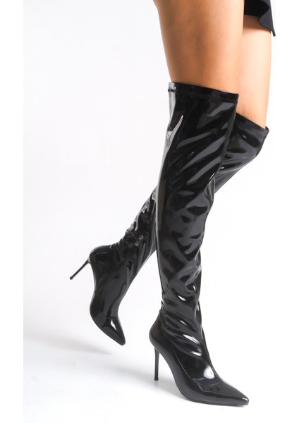 Siyah Rugan Diz Üstü Streç Içten Fermuarlı Daisy Ince Topuklu Kadın Çizme