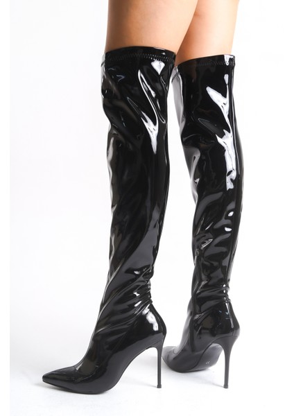 Siyah Rugan Diz Üstü Streç Içten Fermuarlı Daisy Ince Topuklu Kadın Çizme modelleri