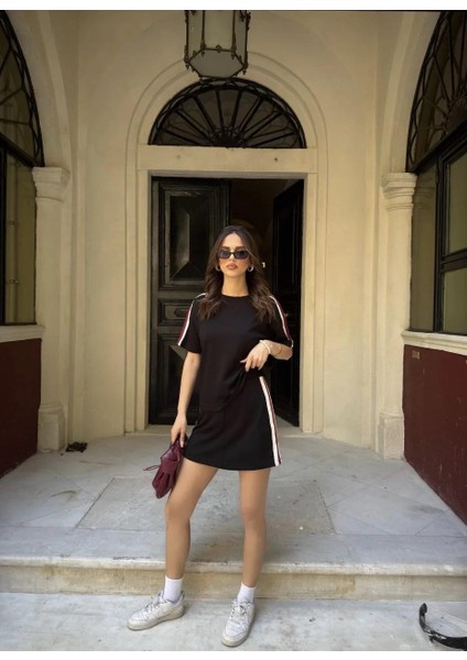 Osy Modal Yumuşak Dokulu Kumaş Kadın Parçalı Bisiklet Yaka T-Shirt Mini Şortlu Etek Ikili Takım - Siyah fiyatları