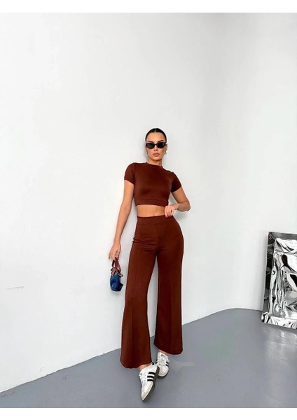 Osy Modal Yumuşak Dokulu Kumaş Kısa Kollu Crop Alt Ispanyol Paça Pantalon Ikili Takım - Kahverengi