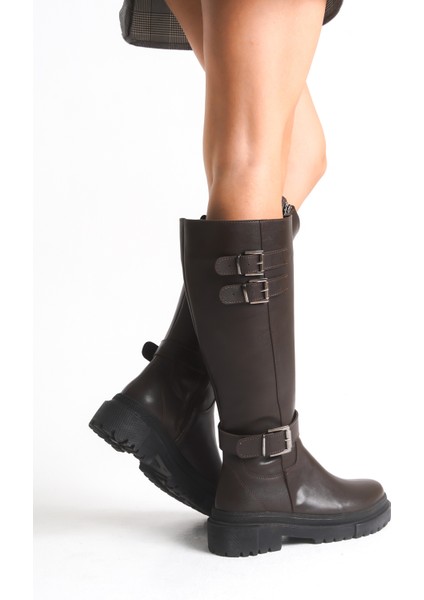 Kahverengi Deri Kadın Çizme Postal Kaymaz Taban Fermuarlı Emy