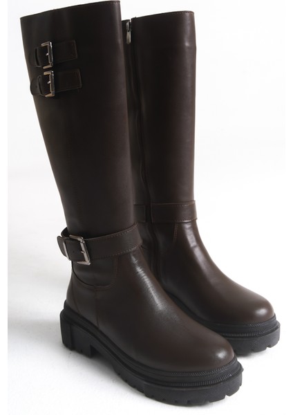 Kahverengi Deri Kadın Çizme Postal Kaymaz Taban Fermuarlı Emy modelleri