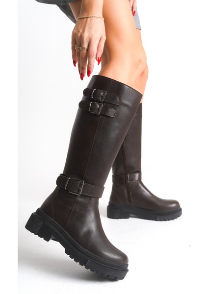 Kahverengi Deri Kadın Çizme Postal Kaymaz Taban Fermuarlı Emy fırsatları