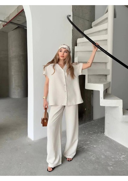Keten Kısa Kollu Cepli Gömlek Pantolon Ikili Takım - Beyaz indirimleri
