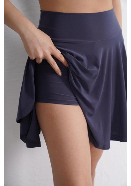 Sendy Kumaş Bisiklet Yaka Crop Şortlu Etek Ikili Takım - Antrasit