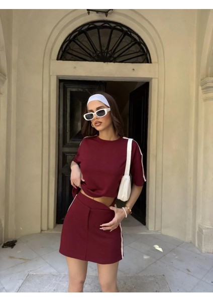 Osy Modal Yumuşak Dokulu Kumaş Kadın Parçalı Bisiklet Yaka T-Shirt Mini Şortlu Etek Ikili Takım -Bordo indirimleri