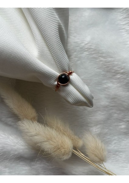 Siyah Turmalin Taşı Ayarlanabilir Bakır Renk Tel Yüzük