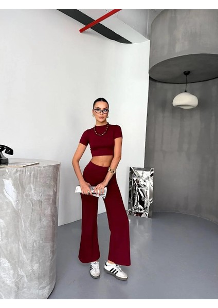 Osy Modal Yumuşak Dokulu Kumaş Kısa Kollu Crop Alt Ispanyol Paça Pantalon Ikili Takım - Bordo
