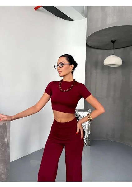Osy Modal Yumuşak Dokulu Kumaş Kısa Kollu Crop Alt Ispanyol Paça Pantalon Ikili Takım - Bordo