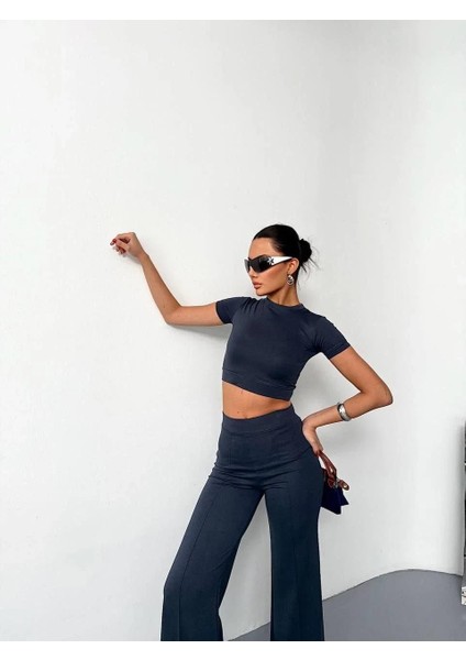 Osy Modal Yumuşak Dokulu Kumaş Kısa Kollu Crop Alt Ispanyol Paça Pantalon Ikili Takım - Füme fiyatları