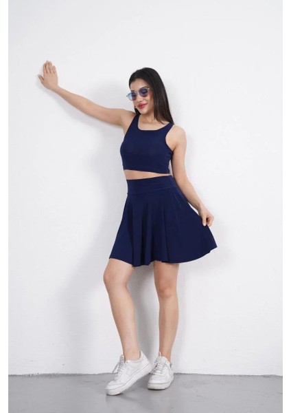 Sendy Kumaş Bisiklet Yaka Crop Şortlu Etek Ikili Takım - Lacivert modelleri