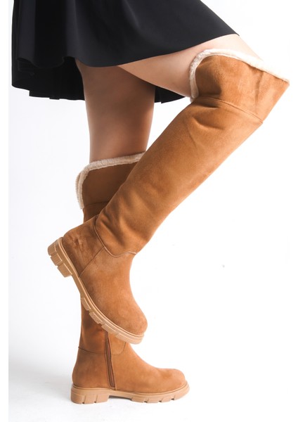 Kadın Çizme Taba Süet Binici Diz Üstü Kürklü Kaymaz Taban Fermuarlı Kety