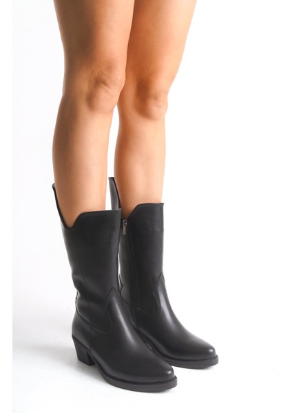 Siyah Deri Kadın Çizme Western Kovboy Diz Altı Kaymaz Taban Kalın Topuklu Annabel