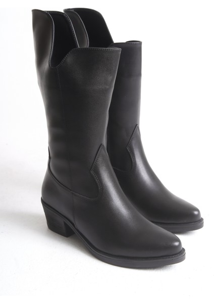 Siyah Deri Kadın Çizme Western Kovboy Diz Altı Kaymaz Taban Kalın Topuklu Annabel fiyatları