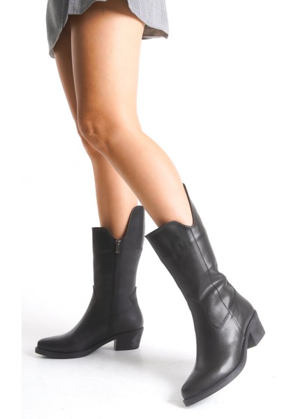 Siyah Deri Kadın Çizme Western Kovboy Diz Altı Kaymaz Taban Kalın Topuklu Annabel modelleri