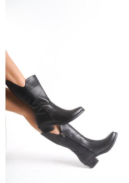 Siyah Deri Kadın Çizme Western Kovboy Diz Altı Kaymaz Taban Kalın Topuklu Annabel fırsatları