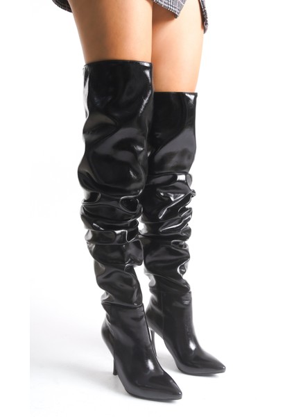 Kadın Çizme Siyah Rugan Diz Üstü Streç Ince Topuklu Tina indirimleri