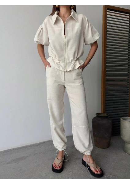 Keten Tam Fermuarlı Kısa Kollu Gömlek Pantolon Ikili Takım - Beyaz fırsatları