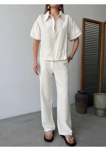Keten Tam Fermuarlı Kısa Kollu Gömlek Pantolon Ikili Takım - Beyaz indirimleri