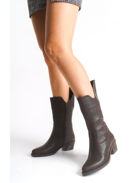 Kadın Çizme Western Kovboy Diz Altı Kaymaz Taban Kalın Topuklu Annabel