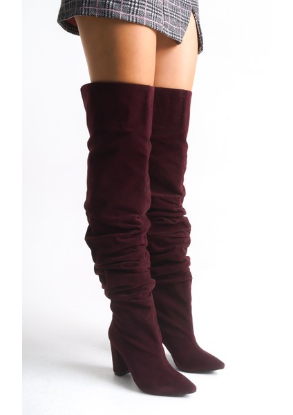 Bordo Süet Kadın Çizme Diz Üstü Kalın Topuklu Lola
