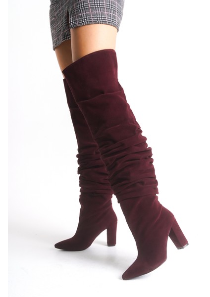 Bordo Süet Kadın Çizme Diz Üstü Kalın Topuklu Lola fiyatları
