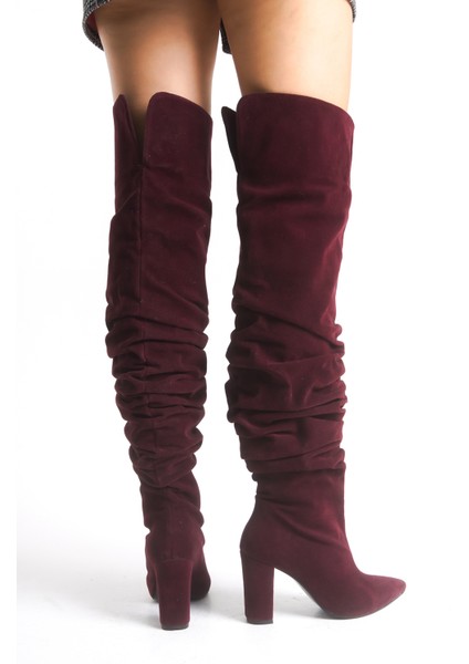 Bordo Süet Kadın Çizme Diz Üstü Kalın Topuklu Lola modelleri