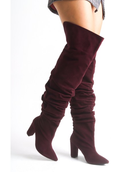 Bordo Süet Kadın Çizme Diz Üstü Kalın Topuklu Lola