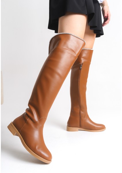 Taba Rengi Deri Binici Diz Üstü Kısa Topuklu Kaymaz Taban Fermuarlı Bihter Kadın Çizme modelleri