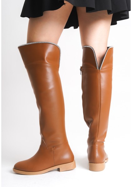 Taba Rengi Deri Binici Diz Üstü Kısa Topuklu Kaymaz Taban Fermuarlı Bihter Kadın Çizme fırsatları
