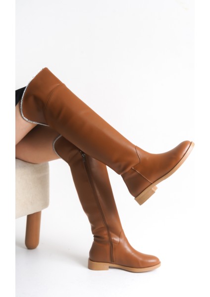 Taba Rengi Deri Binici Diz Üstü Kısa Topuklu Kaymaz Taban Fermuarlı Bihter Kadın Çizme indirimleri