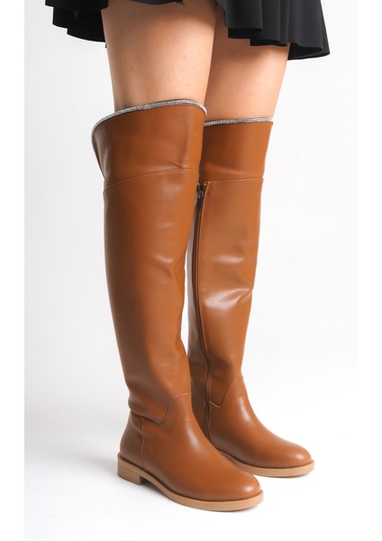 Taba Rengi Deri Binici Diz Üstü Kısa Topuklu Kaymaz Taban Fermuarlı Bihter Kadın Çizme