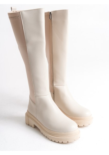 Bej Deri Kadın Çizme Lastikli Diz Altı Fermuarlı Kaymaz Taban Kalın Tabanlı Jessica fırsatları