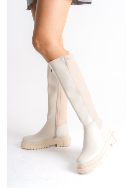 Bej Deri Kadın Çizme Lastikli Diz Altı Fermuarlı Kaymaz Taban Kalın Tabanlı Jessica