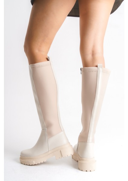 Bej Deri Kadın Çizme Lastikli Diz Altı Fermuarlı Kaymaz Taban Kalın Tabanlı Jessica