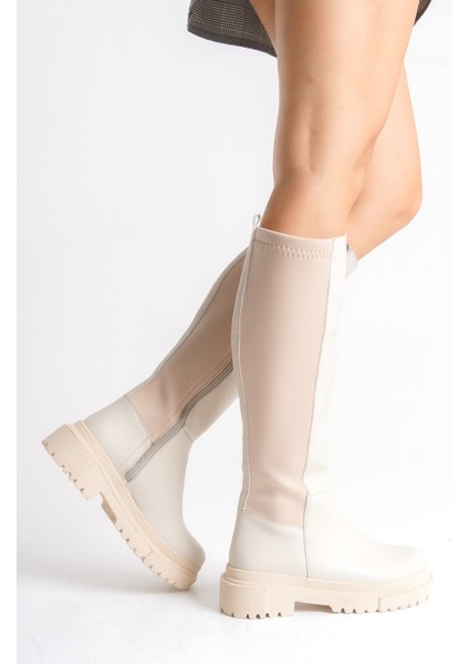 Bej Deri Kadın Çizme Lastikli Diz Altı Fermuarlı Kaymaz Taban Kalın Tabanlı Jessica