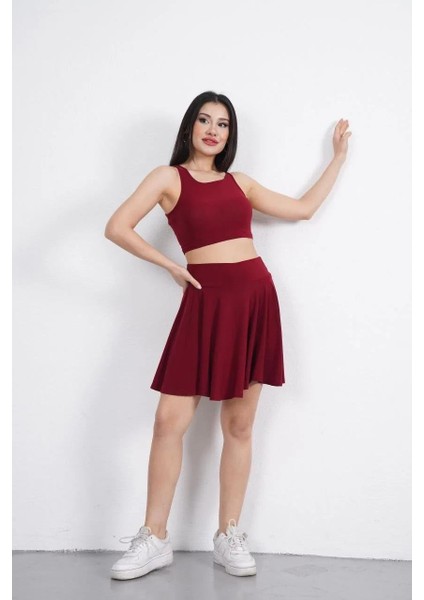 Sendy Kumaş Bisiklet Yaka Crop Şortlu Etek Ikili Takım - Bordo