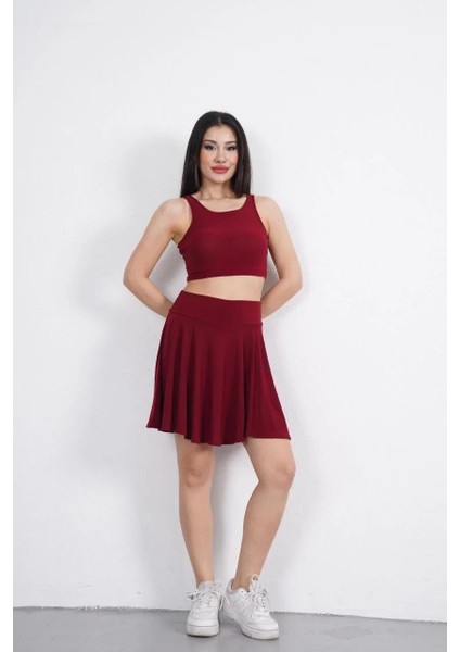 Sendy Kumaş Bisiklet Yaka Crop Şortlu Etek Ikili Takım - Bordo fiyatları