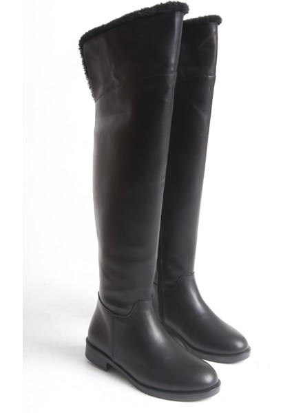 Kürklü Kadın Çizme Siyah Deri Binici Diz Üstü Kısa Topuklu Kaymaz Taban Fermuarlı Bihter indirimleri