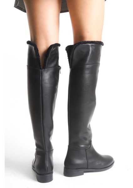 Kürklü Kadın Çizme Siyah Deri Binici Diz Üstü Kısa Topuklu Kaymaz Taban Fermuarlı Bihter