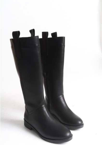 Siyah Deri Kadın Çizme Binici Diz Altı Fermuarlı Kaymaz Taban Kalın Topuklu Horsey
