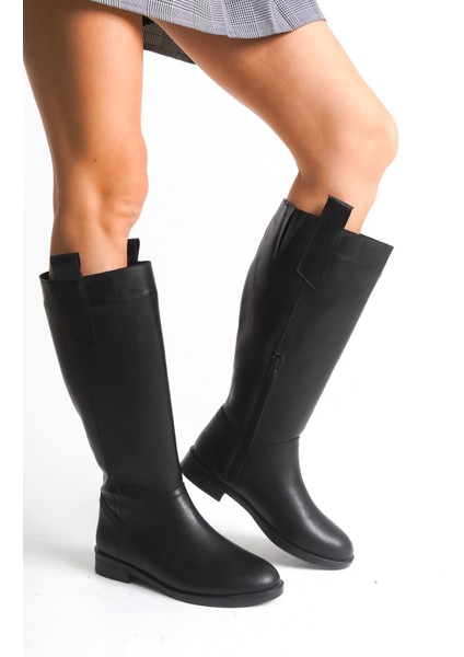 Siyah Deri Kadın Çizme Binici Diz Altı Fermuarlı Kaymaz Taban Kalın Topuklu Horsey fiyatları