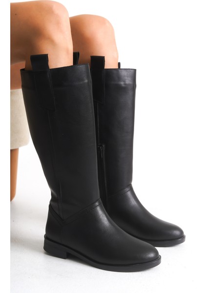 Siyah Deri Kadın Çizme Binici Diz Altı Fermuarlı Kaymaz Taban Kalın Topuklu Horsey modelleri