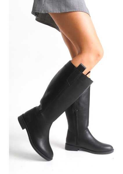 Siyah Deri Kadın Çizme Binici Diz Altı Fermuarlı Kaymaz Taban Kalın Topuklu Horsey fırsatları